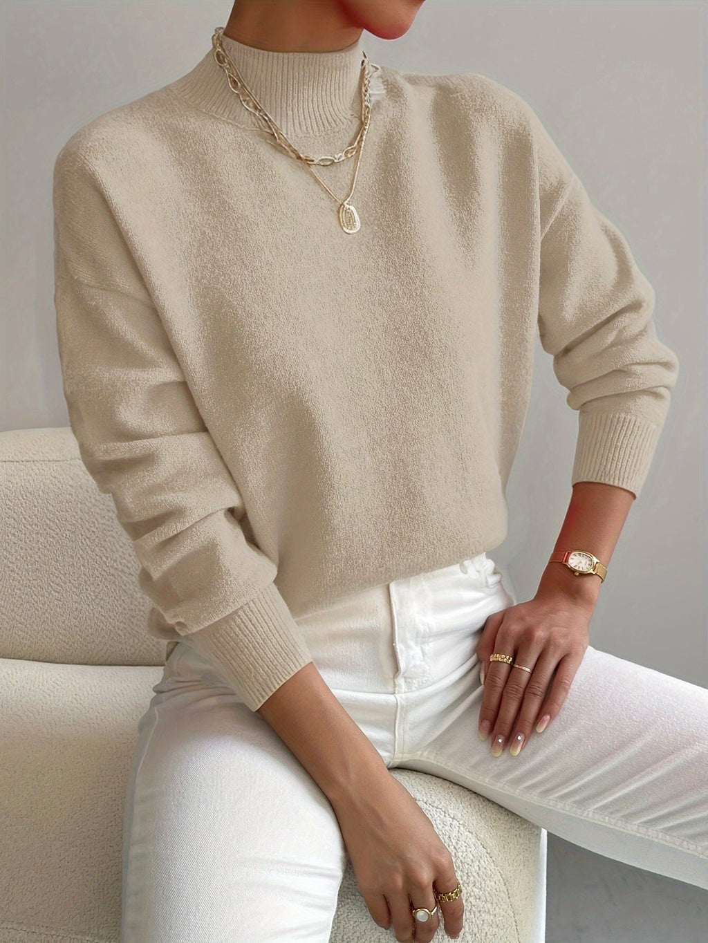 Damen Pullover eleganter warmer Strickpullover Stehkragen weicher Stoff gerade Passform - Yvonne