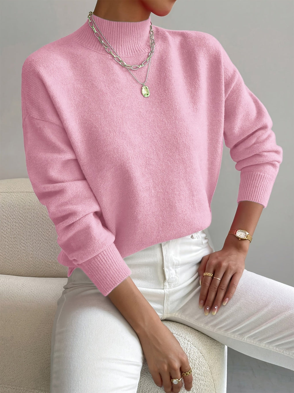 Damen Pullover eleganter warmer Strickpullover Stehkragen weicher Stoff gerade Passform - Yvonne