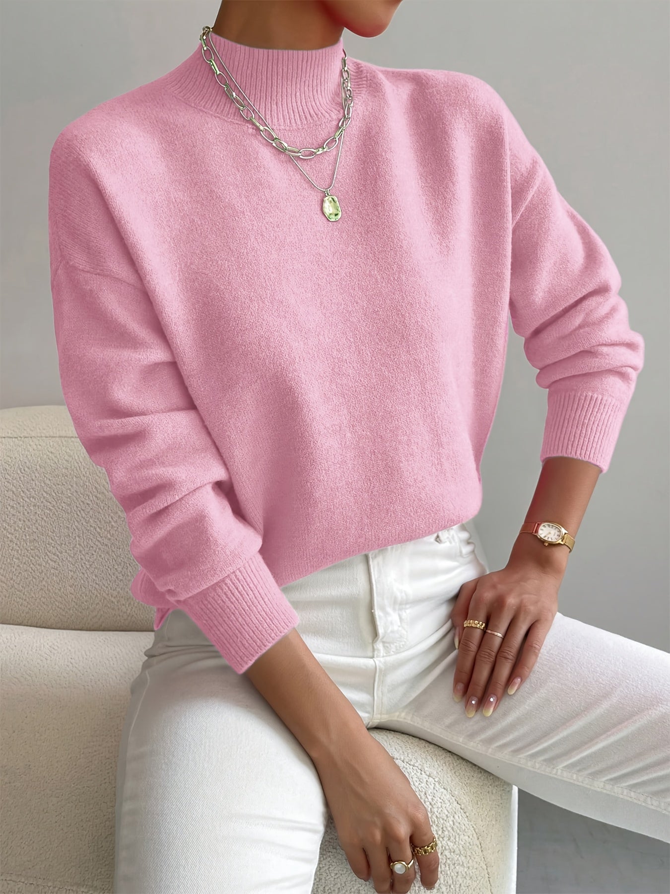 Damen Pullover eleganter warmer Strickpullover Stehkragen weicher Stoff gerade Passform - Yvonne