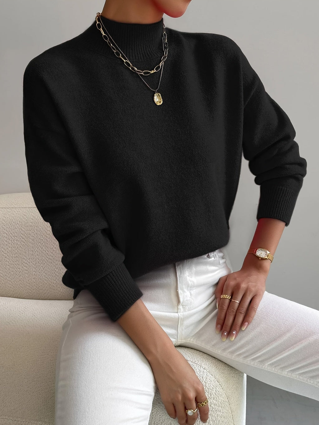 Damen Pullover eleganter warmer Strickpullover Stehkragen weicher Stoff gerade Passform - Yvonne