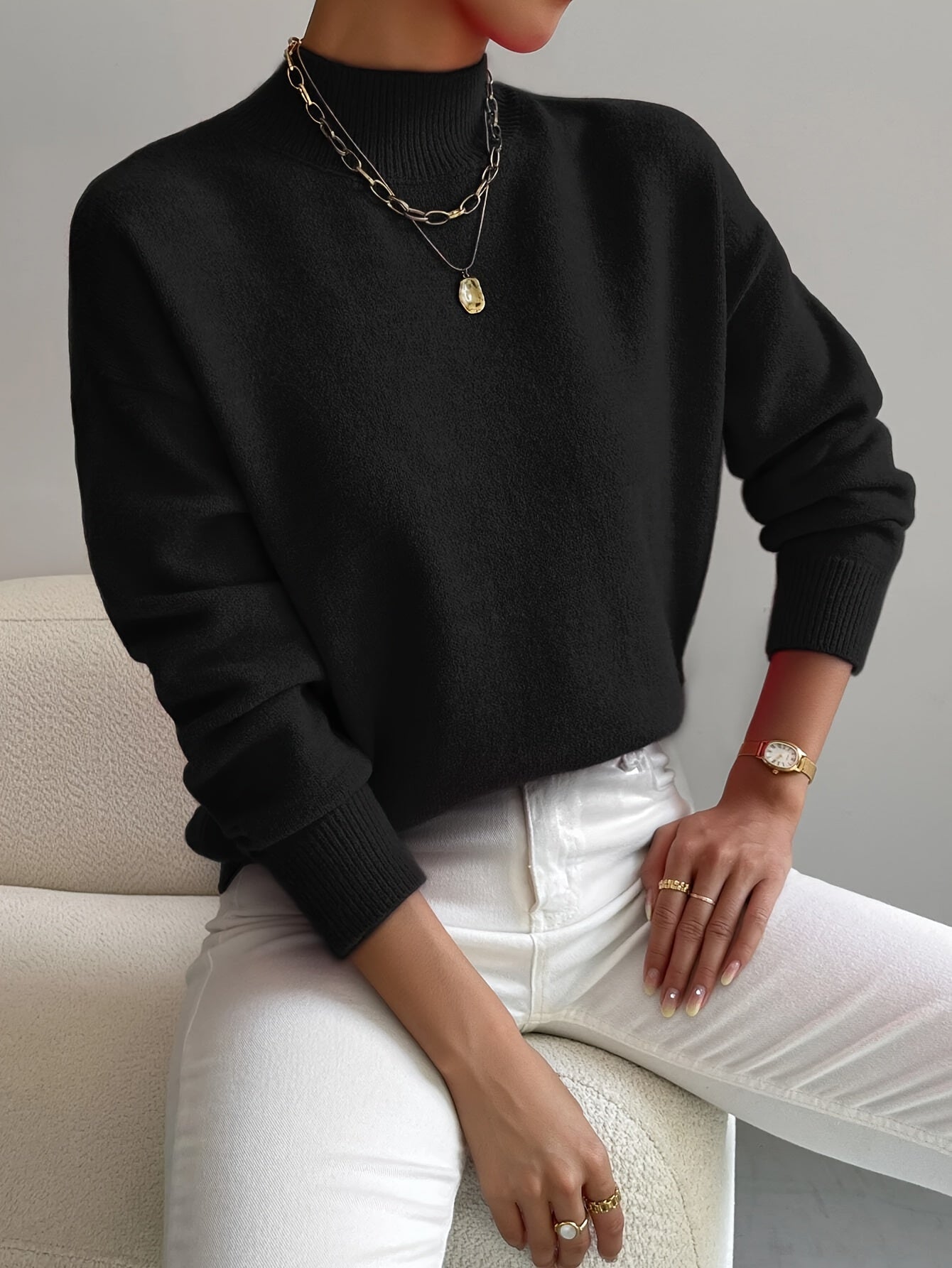 Damen Pullover eleganter warmer Strickpullover Stehkragen weicher Stoff gerade Passform - Yvonne
