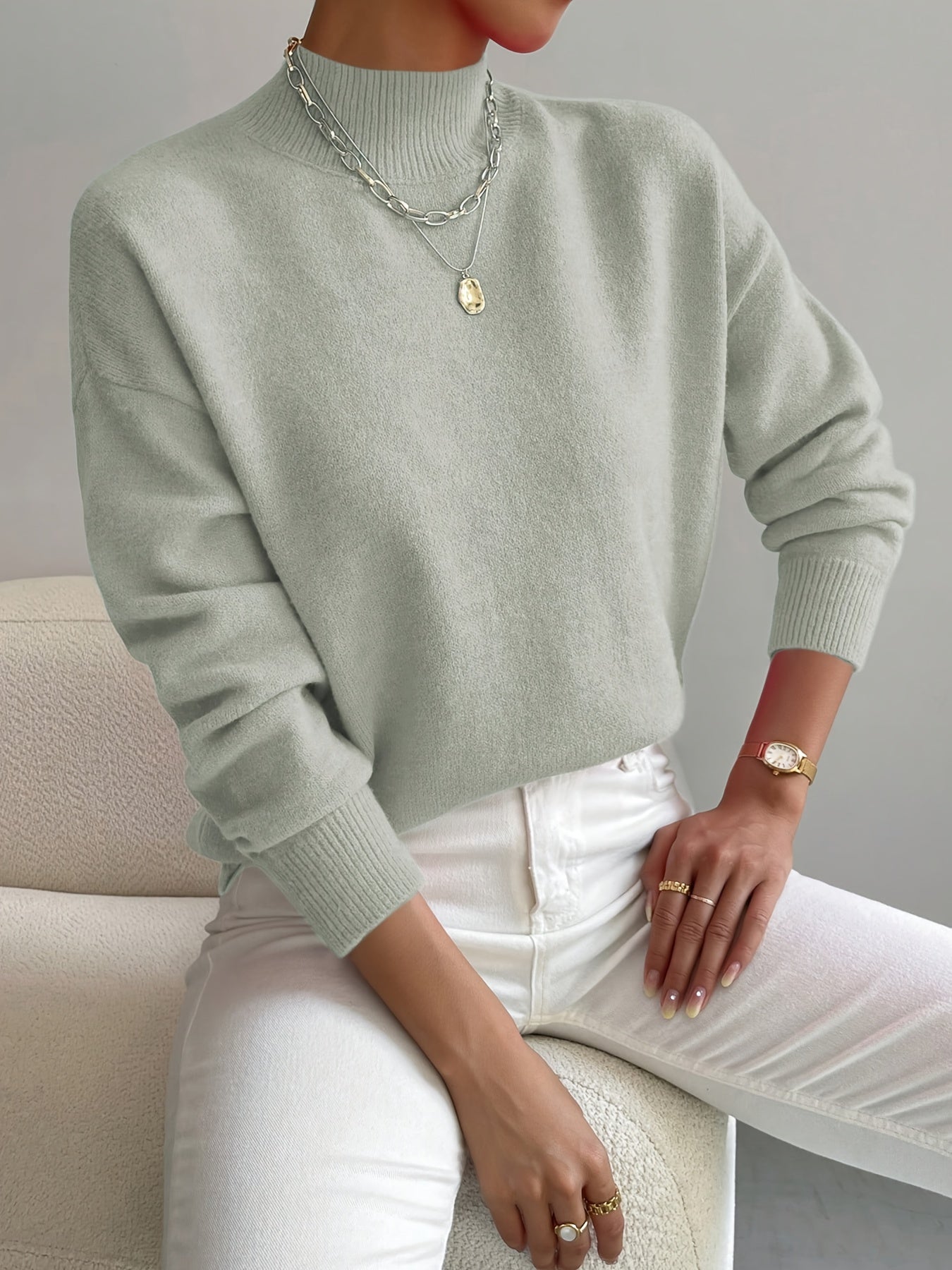 Damen Pullover eleganter warmer Strickpullover Stehkragen weicher Stoff gerade Passform - Yvonne