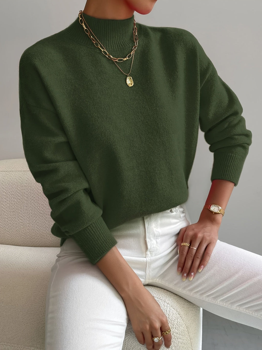 Damen Pullover eleganter warmer Strickpullover Stehkragen weicher Stoff gerade Passform - Yvonne