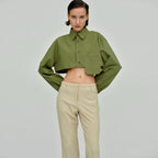 Scarlett - Grünes, übergroßes gekreuztes Button-Down-Hemd