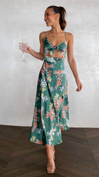 Midi-Kleid mit Blumenmuster und geknotetem Ausschnitt für Damen – Loisa