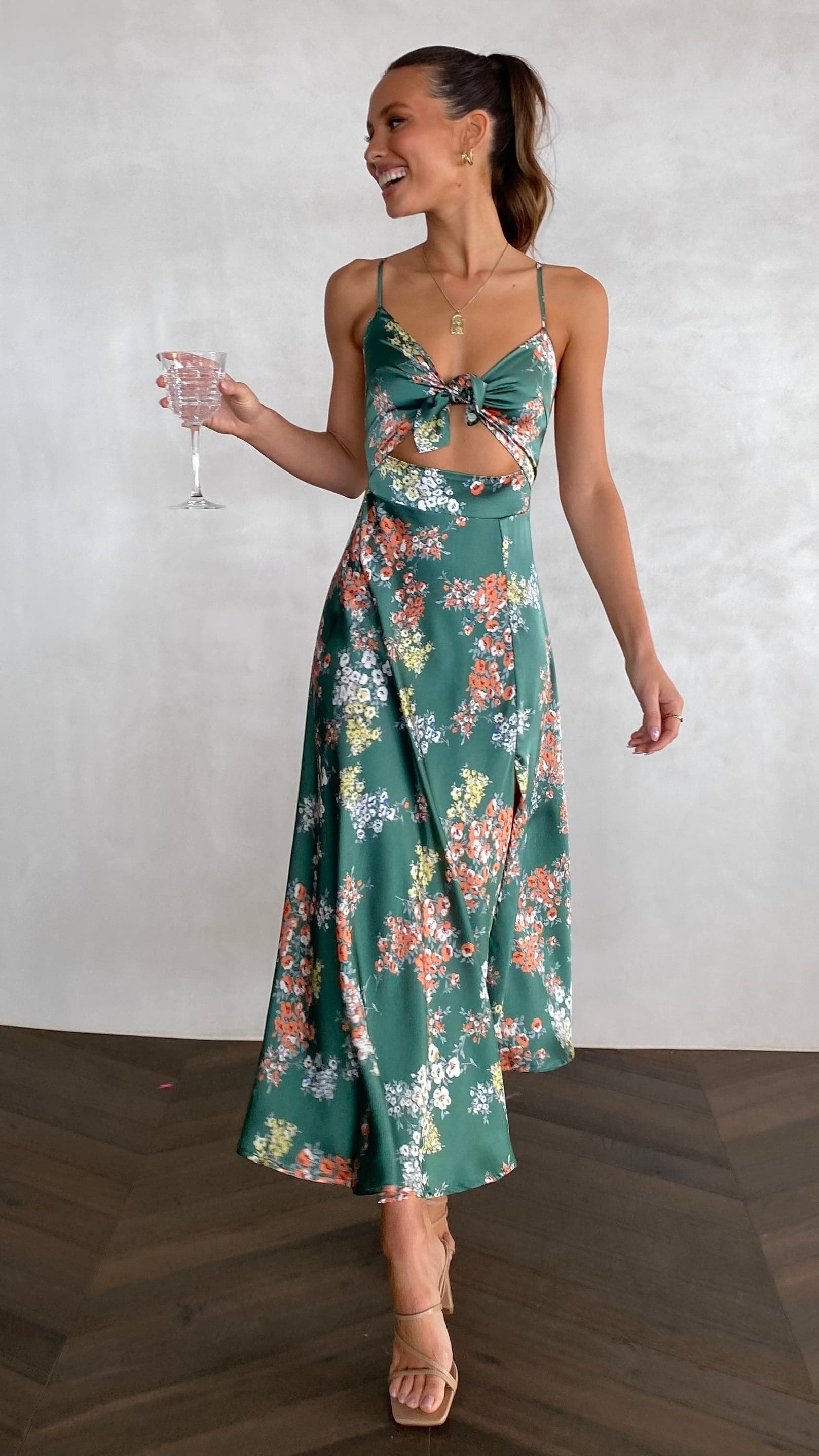 Midi-Kleid mit Blumenmuster und geknotetem Ausschnitt für Damen – Loisa