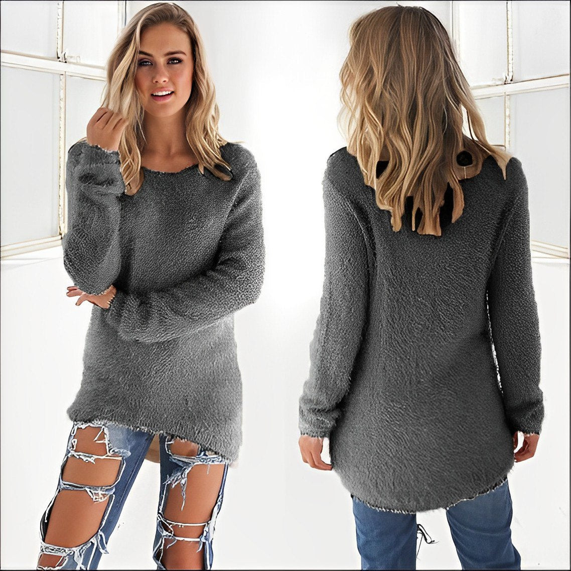 Amelia Lässiger Langarm-Pullover mit O-Ausschnitt