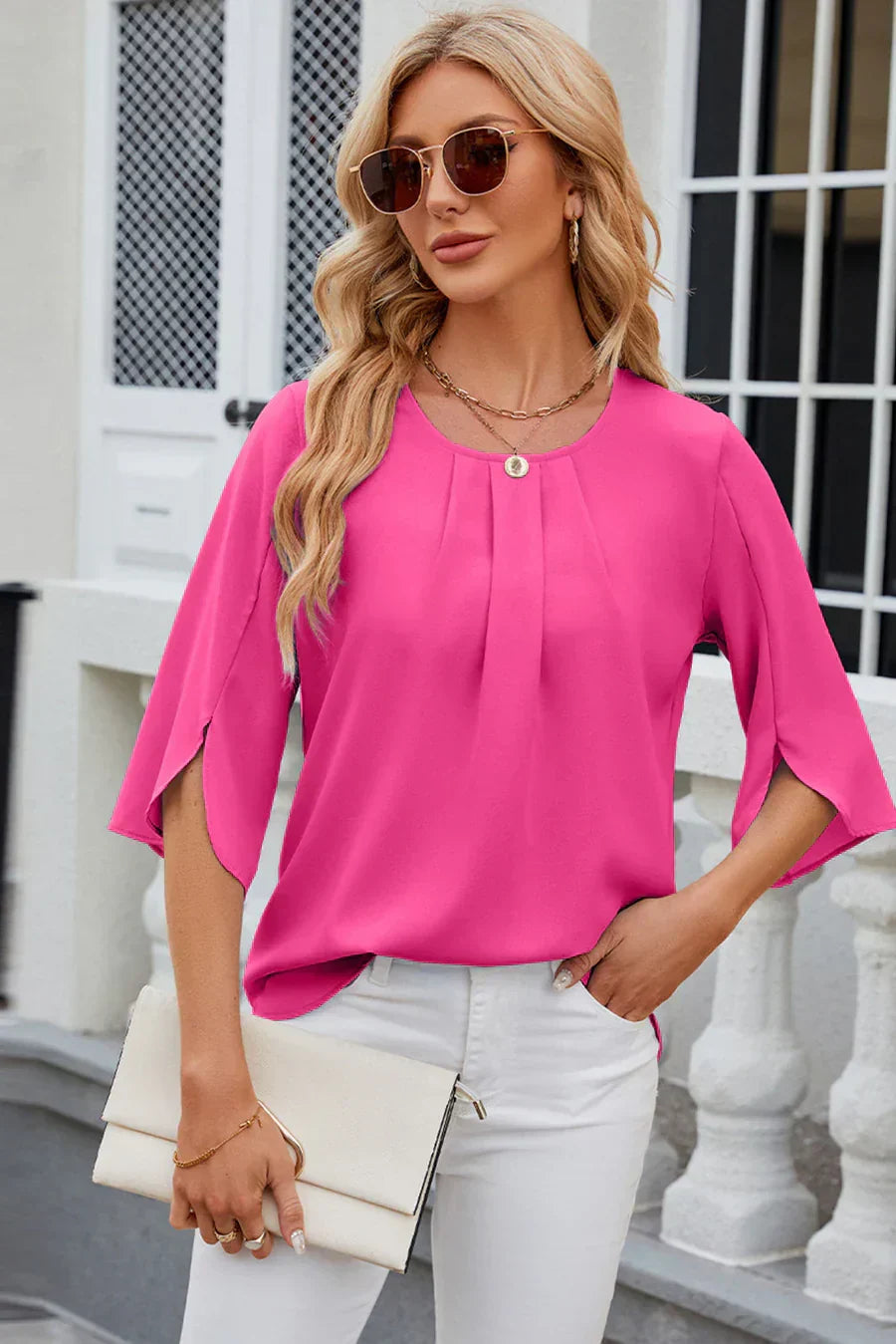 Clara Bluse Damen – Falten und Blumenärmel