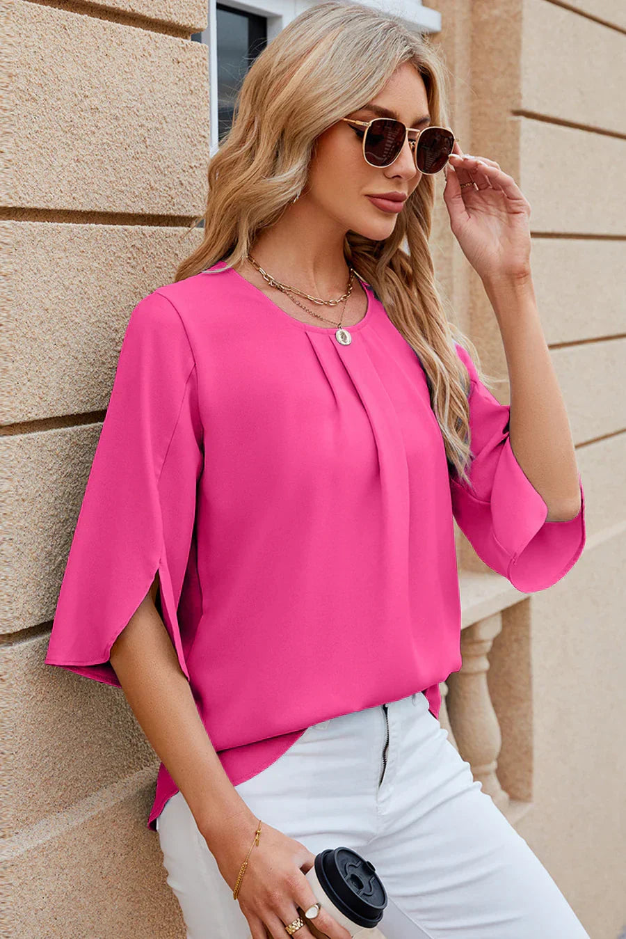 Clara Bluse Damen – Falten und Blumenärmel