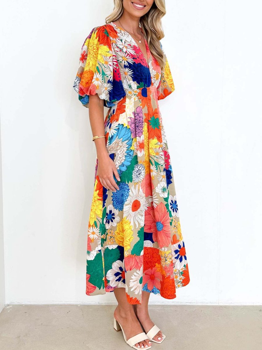 Kara - Elegantes Maxikleid mit Puffärmeln und Blumenmuster in A-Linie
