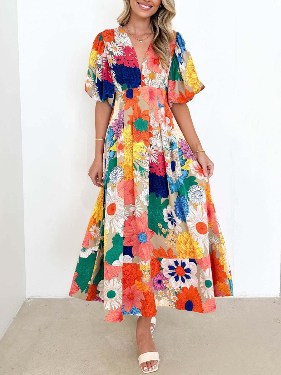 Kara - Elegantes Maxikleid mit Puffärmeln und Blumenmuster in A-Linie
