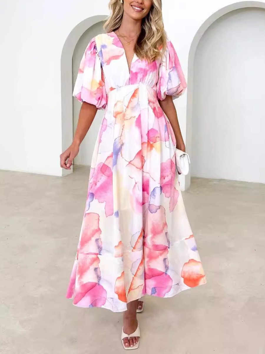 Kara - Elegantes Maxikleid mit Puffärmeln und Blumenmuster in A-Linie