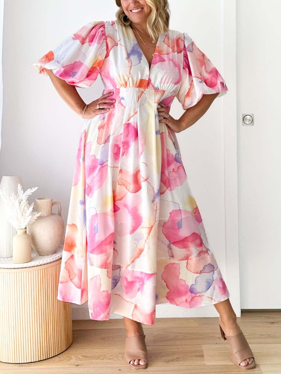 Kara - Elegantes Maxikleid mit Puffärmeln und Blumenmuster in A-Linie