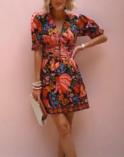 Paulina - Bedrucktes Kleid mit Puffärmeln und V-Ausschnitt
