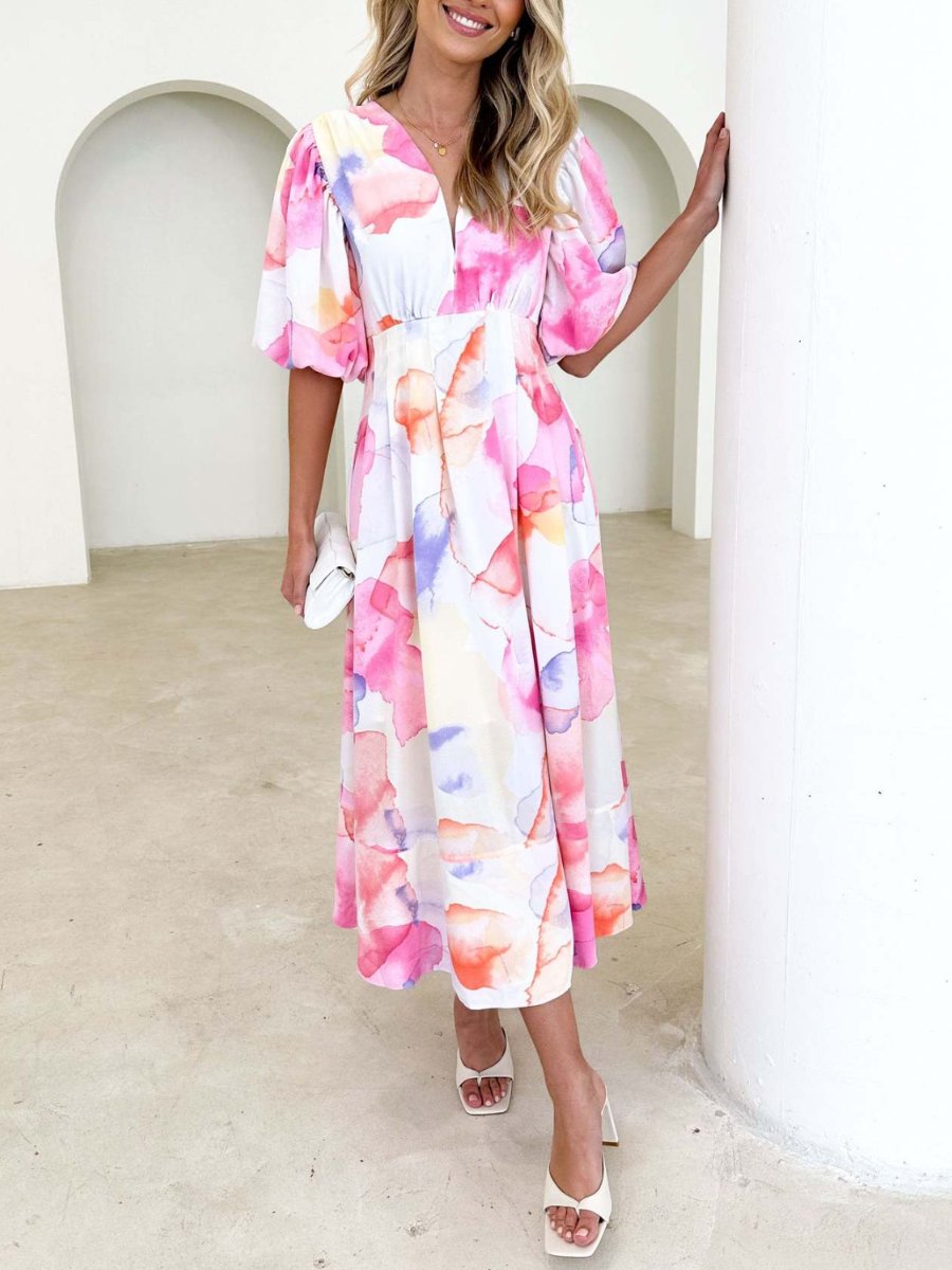 Kara - Elegantes Maxikleid mit Puffärmeln und Blumenmuster in A-Linie