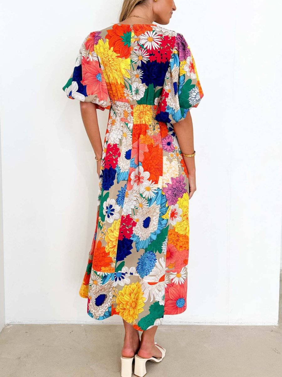 Kara - Elegantes Maxikleid mit Puffärmeln und Blumenmuster in A-Linie