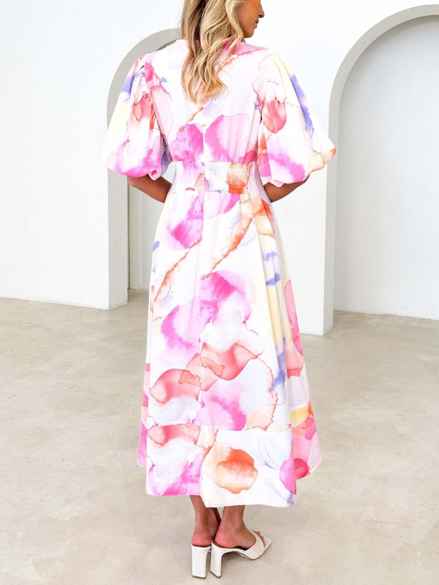 Kara - Elegantes Maxikleid mit Puffärmeln und Blumenmuster in A-Linie