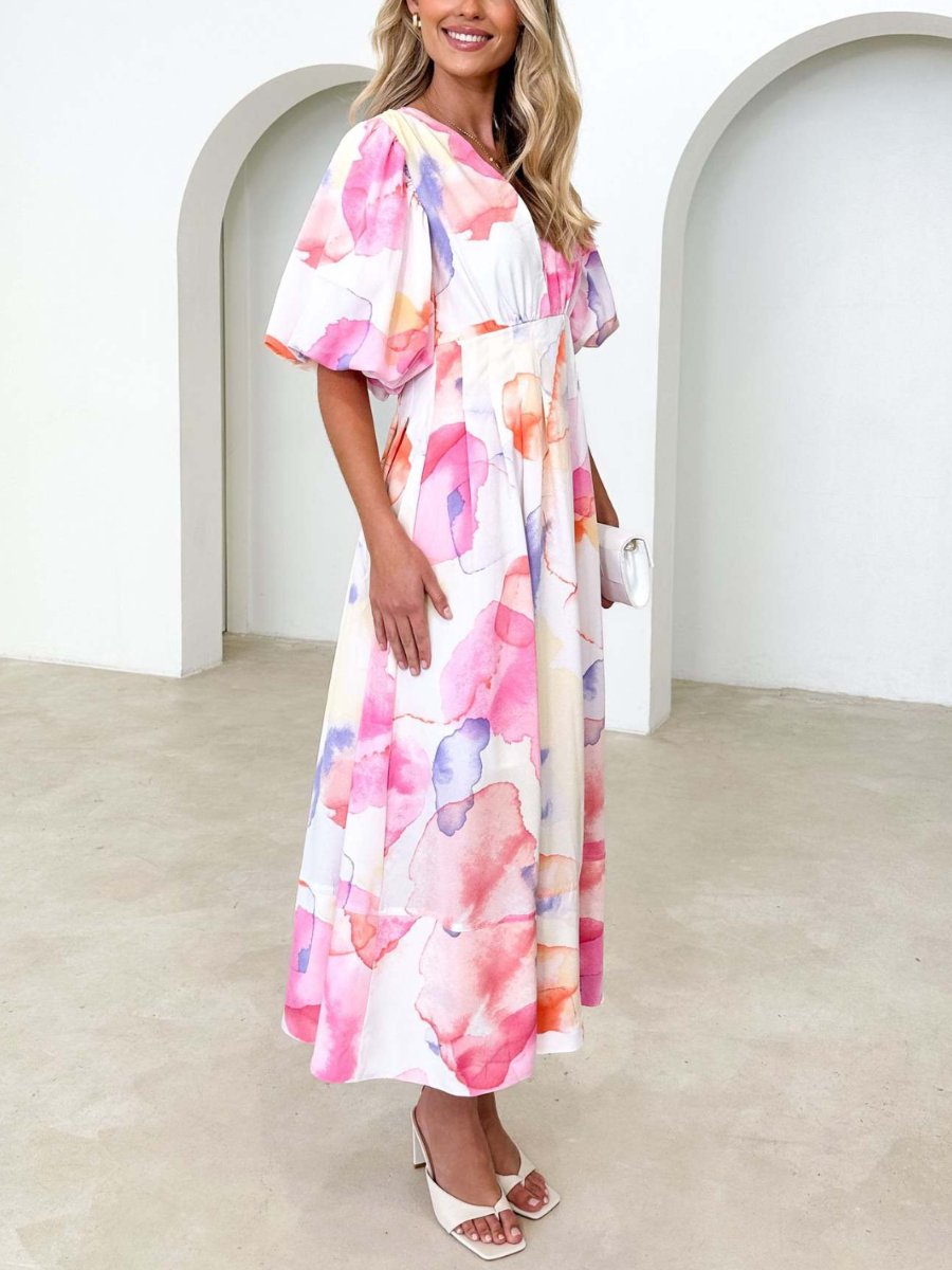 Kara - Elegantes Maxikleid mit Puffärmeln und Blumenmuster in A-Linie