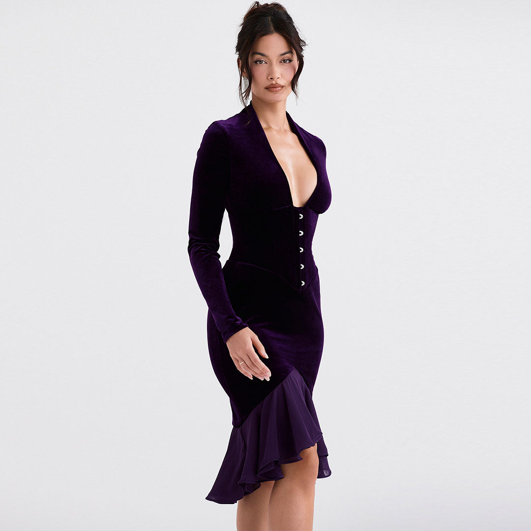 Clara - Sehr tief ausgeschnittenes Minikleid aus Samt mit Mesh-Einsätzen