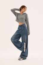 High-Waist-Jeans mit weitem Bein und Nähten auf der Vorderseite – Anika