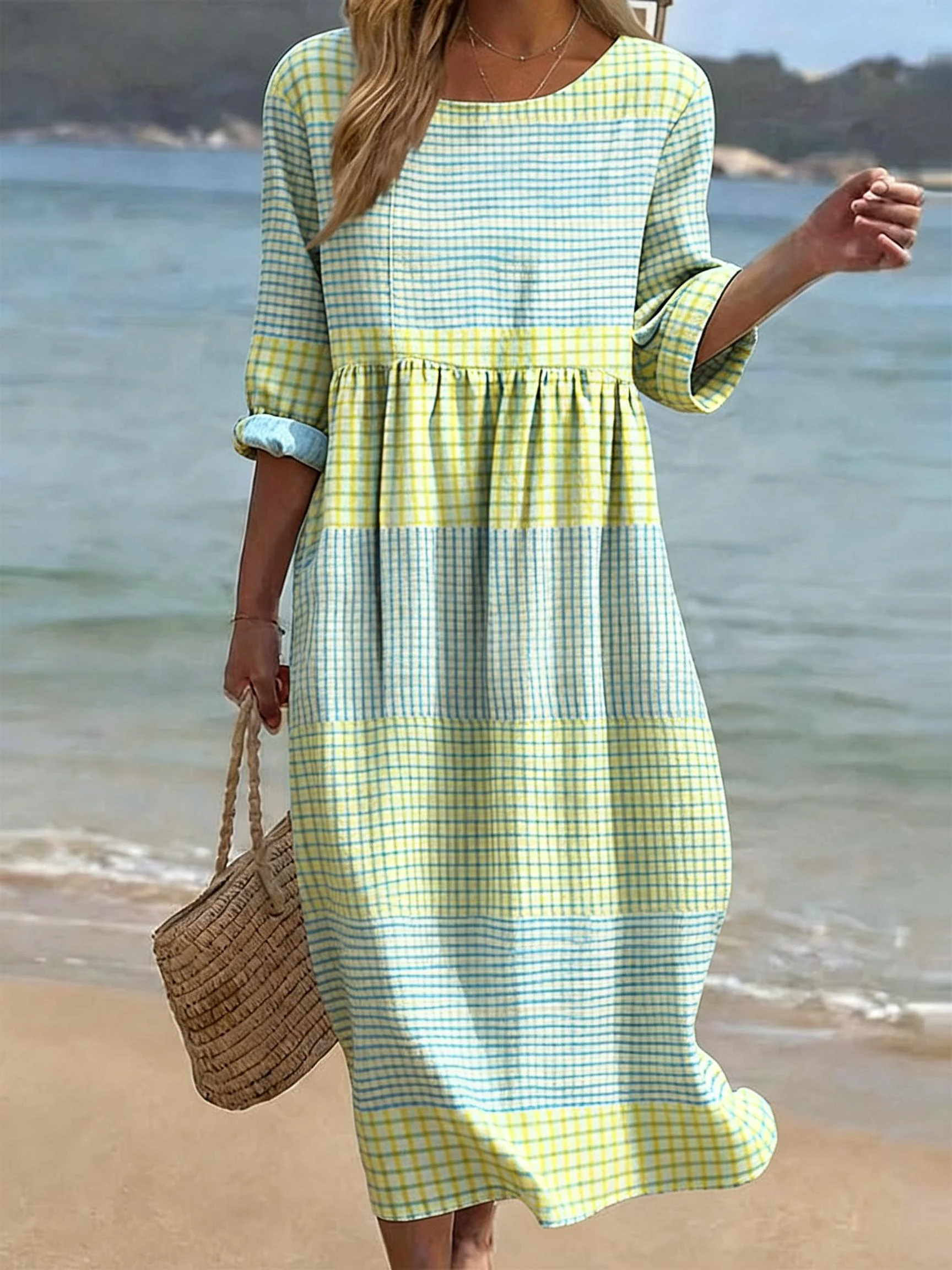 Lässiges Midi-Kleid für Damen mit Karomuster und Rundhalsausschnitt – Jette