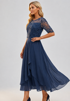 Midi-Kleid für Damen mit Blumen-Spitze und ellbogenlangen Ärmeln – Rhonda
