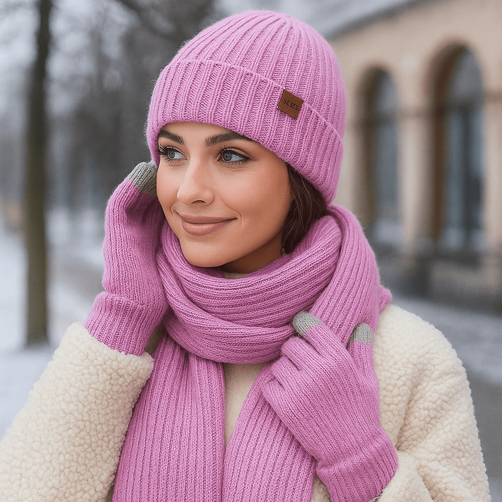 Mütze, Schal und Handschuhe für Frauen mit Strickeffekt - Nevrine