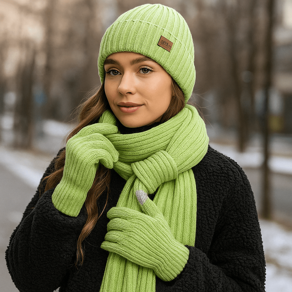 Mütze, Schal und Handschuhe für Frauen mit Strickeffekt - Nevrine