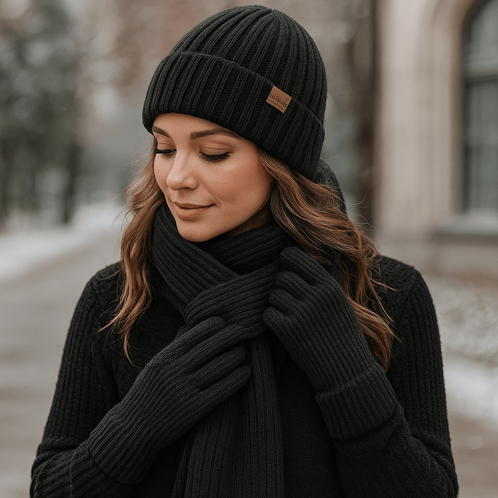 Mütze, Schal und Handschuhe für Frauen mit Strickeffekt - Nevrine