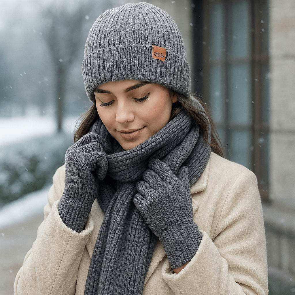 Mütze, Schal und Handschuhe für Frauen mit Strickeffekt - Nevrine