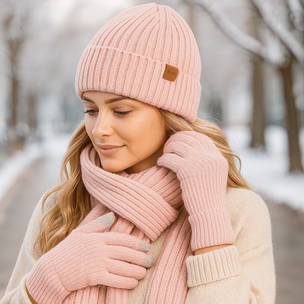 Mütze, Schal und Handschuhe für Frauen mit Strickeffekt - Nevrine